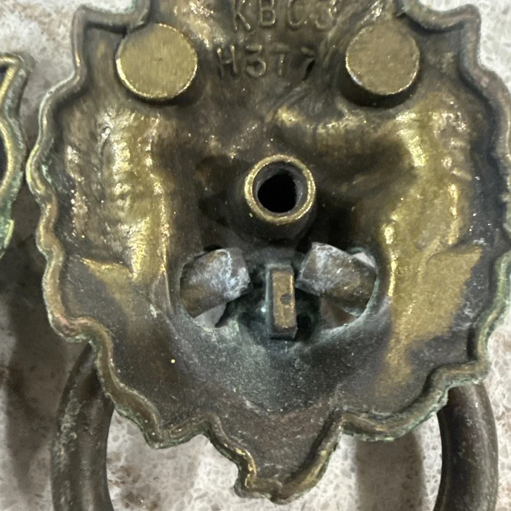 2 Vintage Brass Lion Head Dresser Chest Drawer Knob Cabinet Pull Patina 3D READ